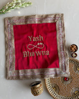 Off white and Red Personalised infinity Karwachauth square thali cover