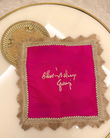Blessings always guruji pooja thali cover with intricate embroidery