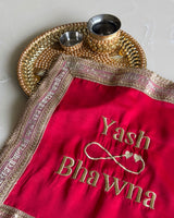 Off white and Red Personalised infinity Karwachauth square thali cover