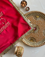 Red Personalised infinity with sun and moon Karwachauth square thali cover