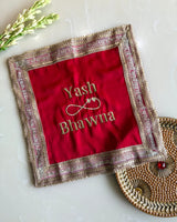 Off white and Red Personalised infinity Karwachauth square thali cover