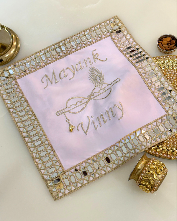 Baby pink Infinity with flute and morpankh personalised thali cover
