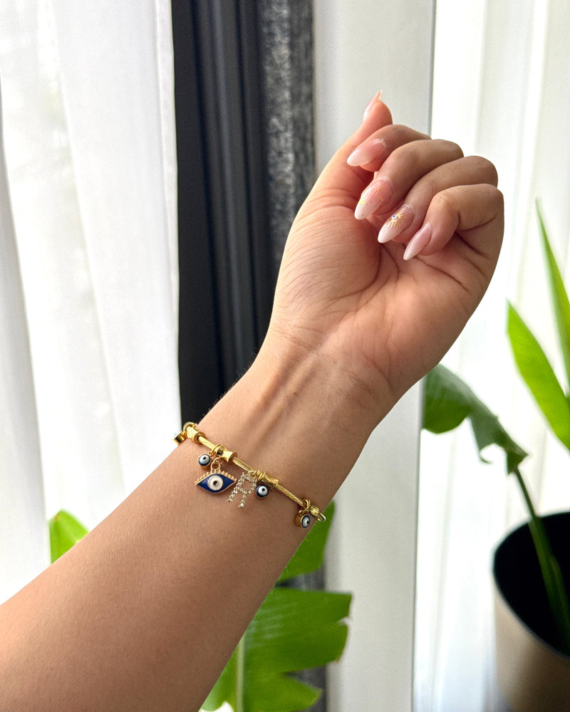 Personalised kismet evil eye bangle with studded initials
