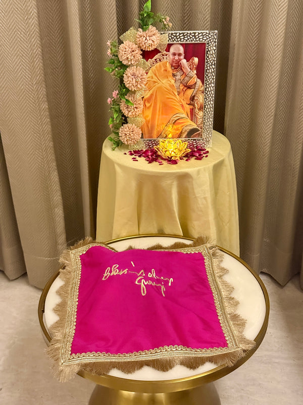 Blessings always guruji pooja thali cover with intricate embroidery