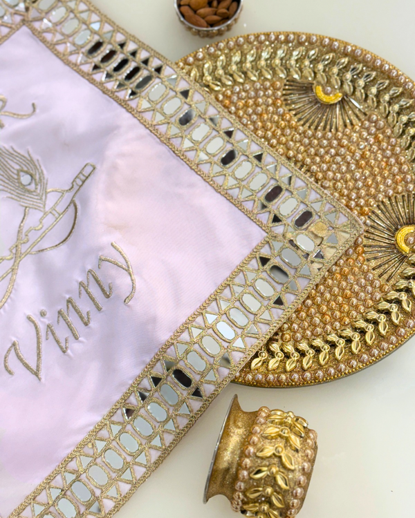 Baby pink Infinity with flute and morpankh personalised thali cover