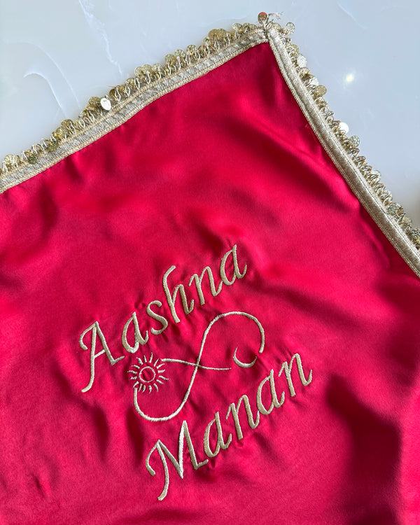 Red Personalised infinity with sun and moon Karwachauth square thali cover
