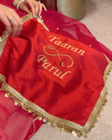 Red Personalised infinity with sun and moon Karwachauth square thali cover